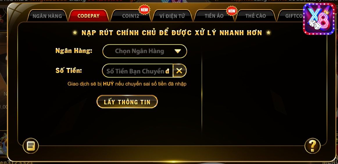 Cách nạp tiền vào X8club