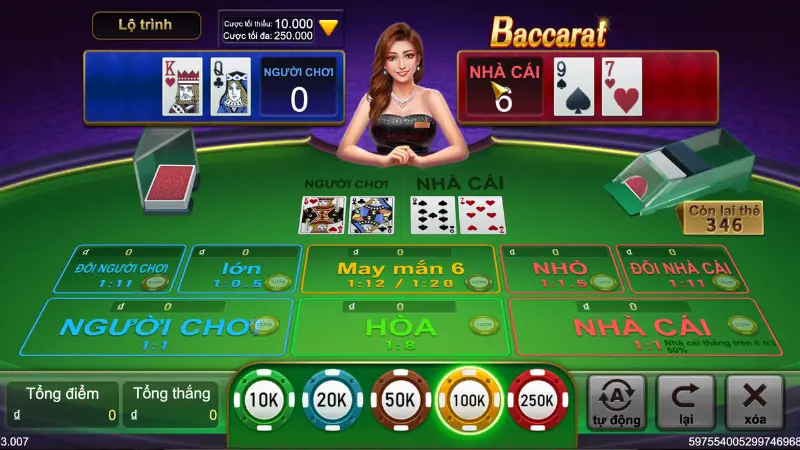 Cách tính điểm trong Hitclub Baccarat dựa trên tổng giá trị các lá bài chia cho 10 và lấy phần dư